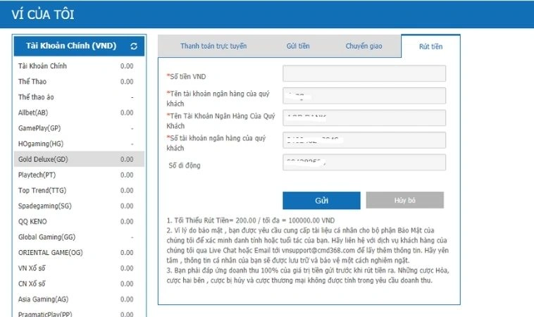 Giao diện rút tiền CMD368